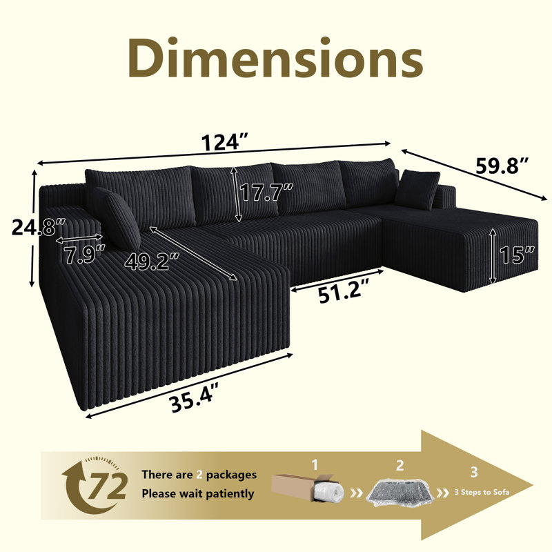 Boneless 124" U-Shape Cloud Couch, Modern Modular Sectional U-Shape Sofa, Corduroy Upholstered Couches Deep Seat Sleeper Chaise Longue for Living Room, No Assembly Required