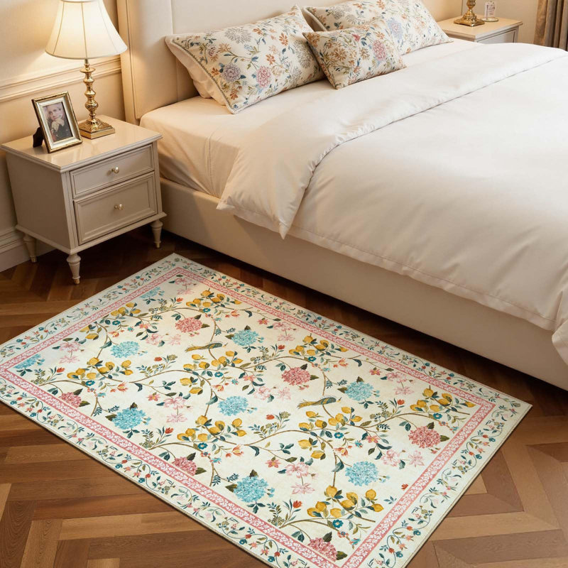 Tapis floral lavable antidérapant Botanical, Beige/Pink, 3'x 5'