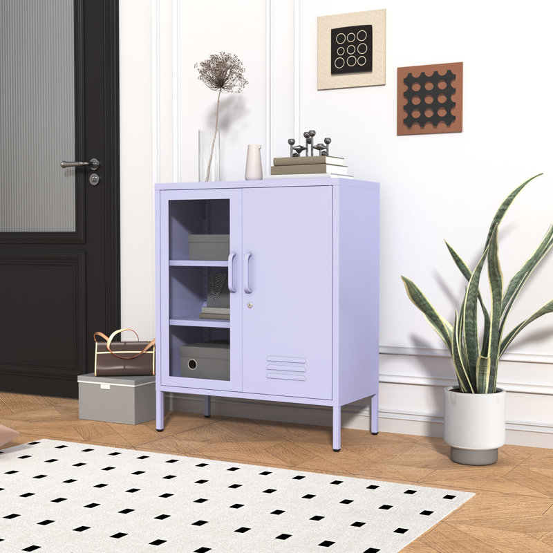 Purple Lockable Glass & Metal Door Storage Cabinet, 3-Tier Freestanding Locker Organizer with 2 Adjustable Shelves, Multipurpose Unit for Home, Entryway, Hallway, 33"H x 29.5"W x 13.8"D