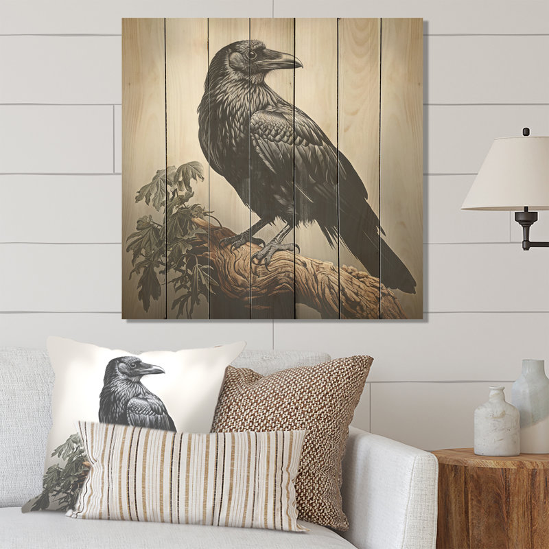 Mystic Raven In Flight I - Animal corbeau sur bois, H 15 po x l 15 po
