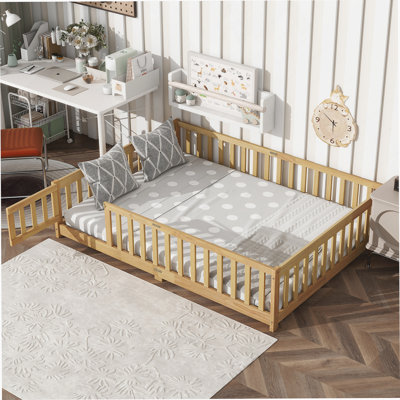Full Size Natural Rubber Wood Floor Bed With Safety Fence And Door For Compact Rooms