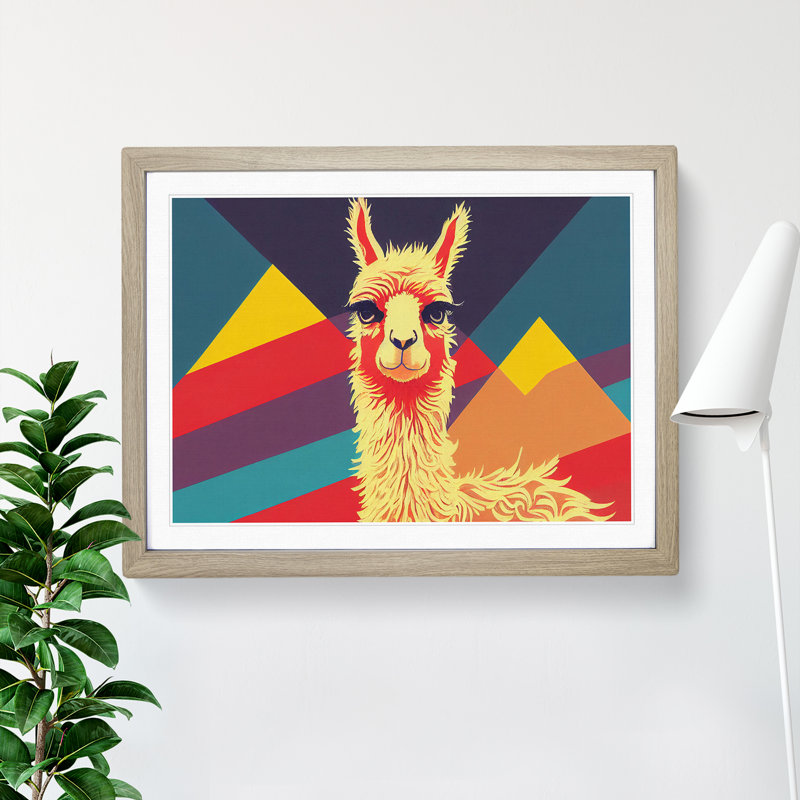 Retro Llama - Single Picture Frame Print, 34cm H x 46cm W x 2cm D, Oak Framed