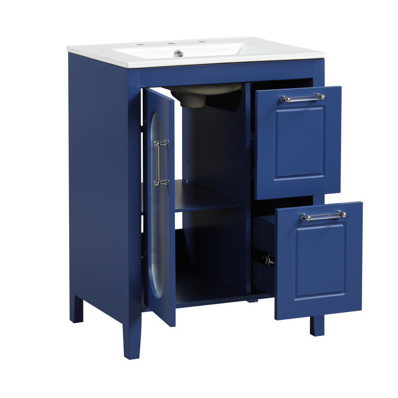 Meuble-lavabo bleu 24 po avec lavabo, tablette réglable, deux tiroirs, porte, porte en bois massif et matériau moderne, Bleu