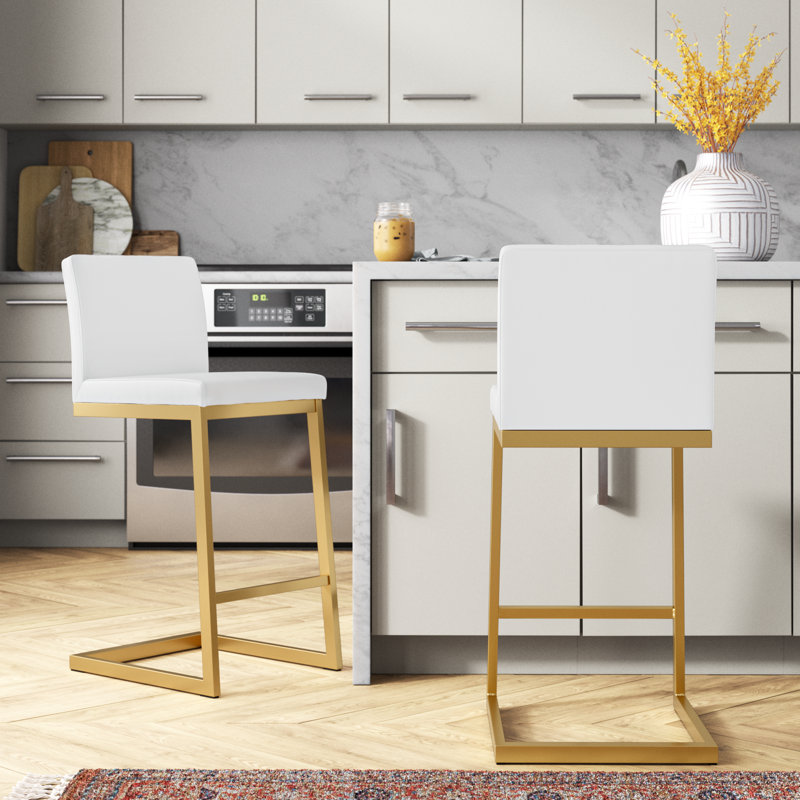 Tabouret de comptoir de 26 po Hamby, Simili cuir blanc, Doré