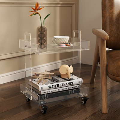 2-Tier Acrylic Rolling Side Table, Clear Rectangular Storage Cart with Wheels, Narrow End Table for Small Spaces