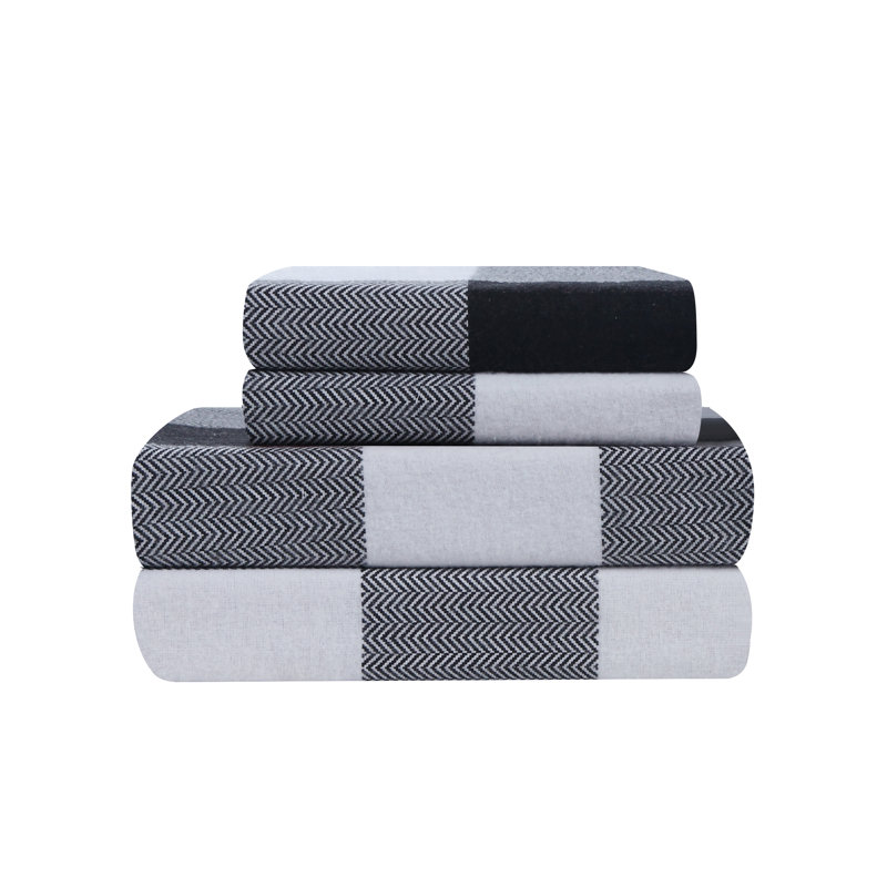 Lithium 100% Cotton Flannel Plaid Sheet Set, Full, Black/White 