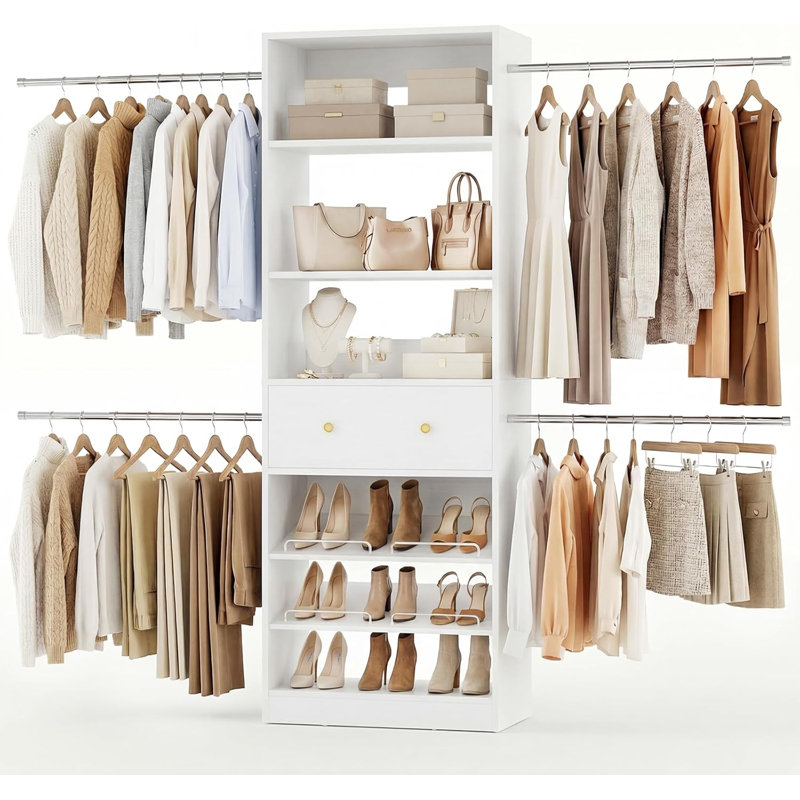 4FT-9FT Closet Organizer System with Drawer & 4 Hanging Rods
