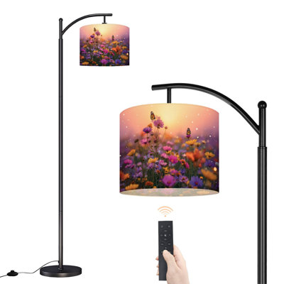 Arc Floor Lamp Vibrant Wildflower Field Colorful Butterflies Sunset Soft Pastel Glow Floor Lamps with Remote LED Lights Adjustable Lamp Shades Tall Standing Lamps for Reading Office Living Room