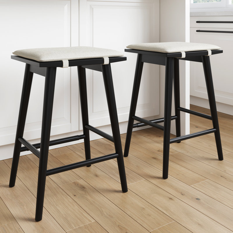 Barker Upholstered Counter Stool with Solid Wood Frame, Cream Boucle/Black Frame, 2