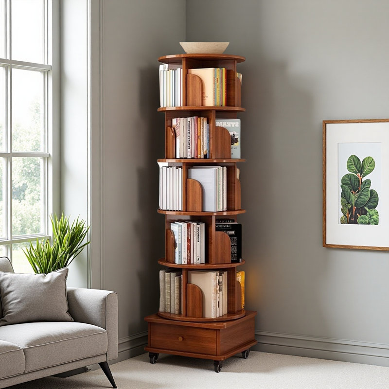 Rotating Bookshelf, 360 Display Corner Bookshelf For Small Space, 6 Tier Bookcase Storage Rack With Wheels, Walnut