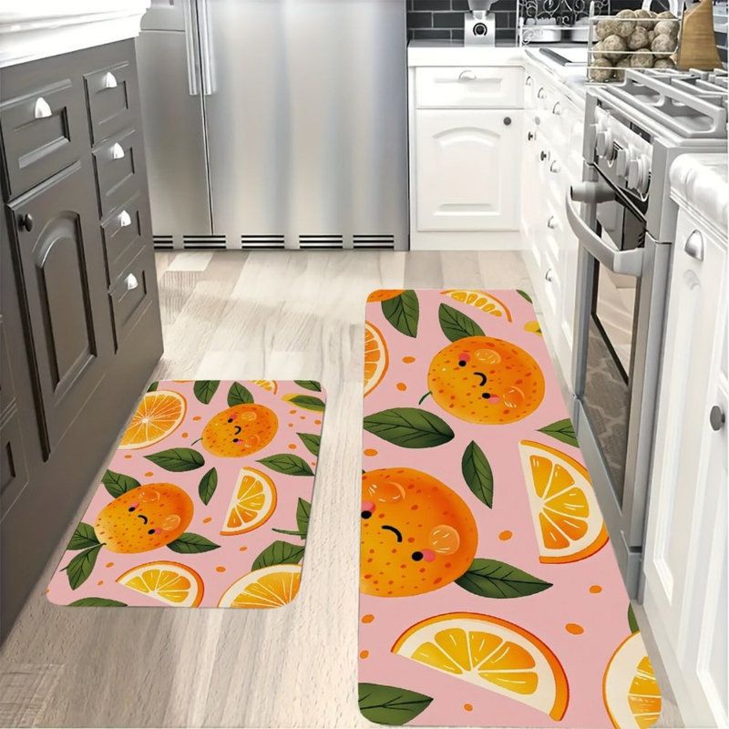 Caricature de tapis de cuisine orange souriant pour chambre d'enfant, 2 pièces, rose et orange