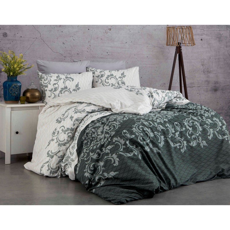 Ensemble de housse de courtepointe 100% coton Ranforce, gris et blanc | Housse de couette 63 x 87, drap plat 63 x 95, taie d'oreiller 20 x 28 | Lavable à la machine, 140 fils, fermeture à boutons et enveloppes | Literie douce, durable et élégante