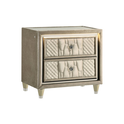 Table de chevet à 2 lumières avec éclairage double, brun clair et brun clair pour la nuit, revêtement en velours, plateau en verre trempé transparent, charge, tiroir doublé de feutre, pieds en bois d'hévéa massif, joint