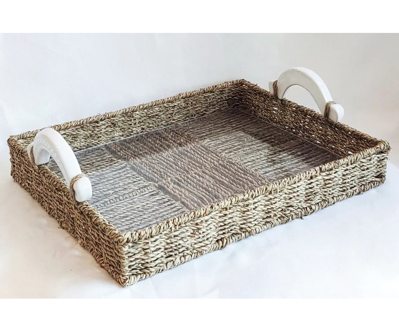 Handcrafted Seagrass Rectangular Tray With Ceramic Handles