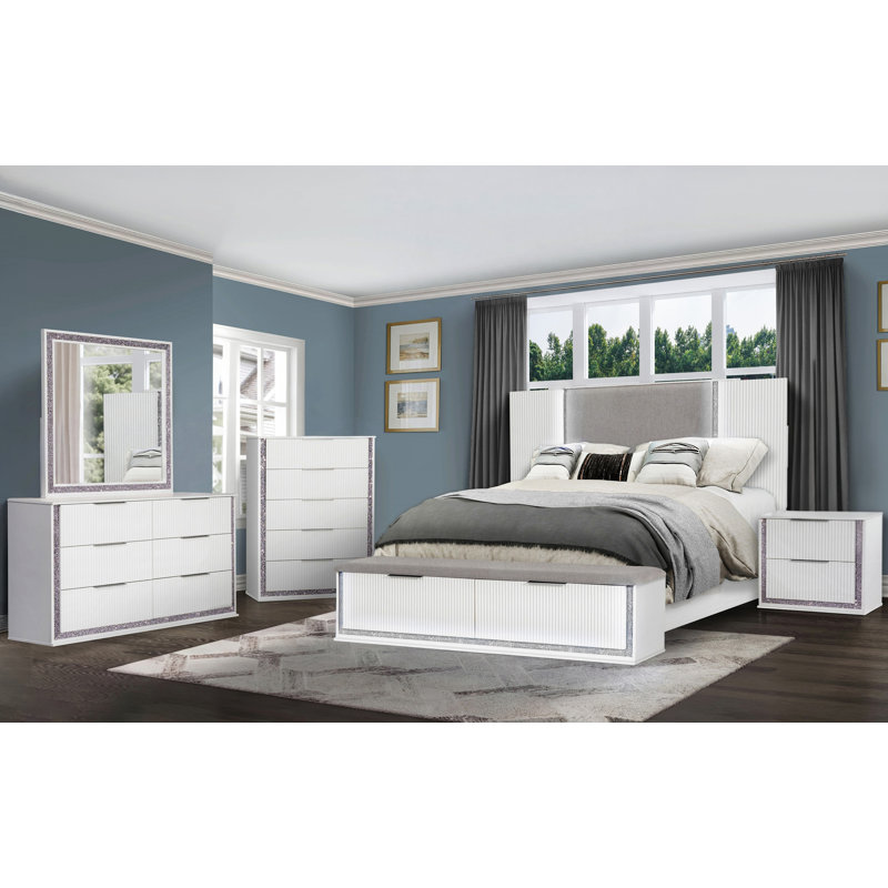 Ensemble de chambre à coucher chic avec rangement pour tête de lit et pied de lit à DEL, King