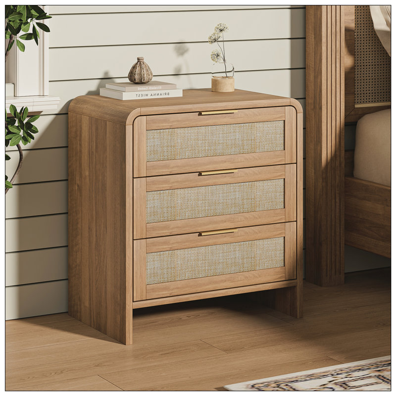 Table de chevet courbée en rotin avec 3 tiroirs pour la chambre à coucher, Caramel, Individuel