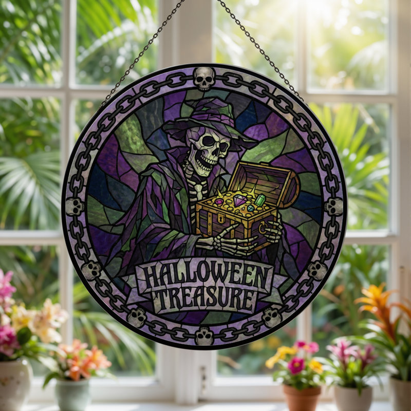 Panneau de vitrail 12 "H Skeleton Treasure