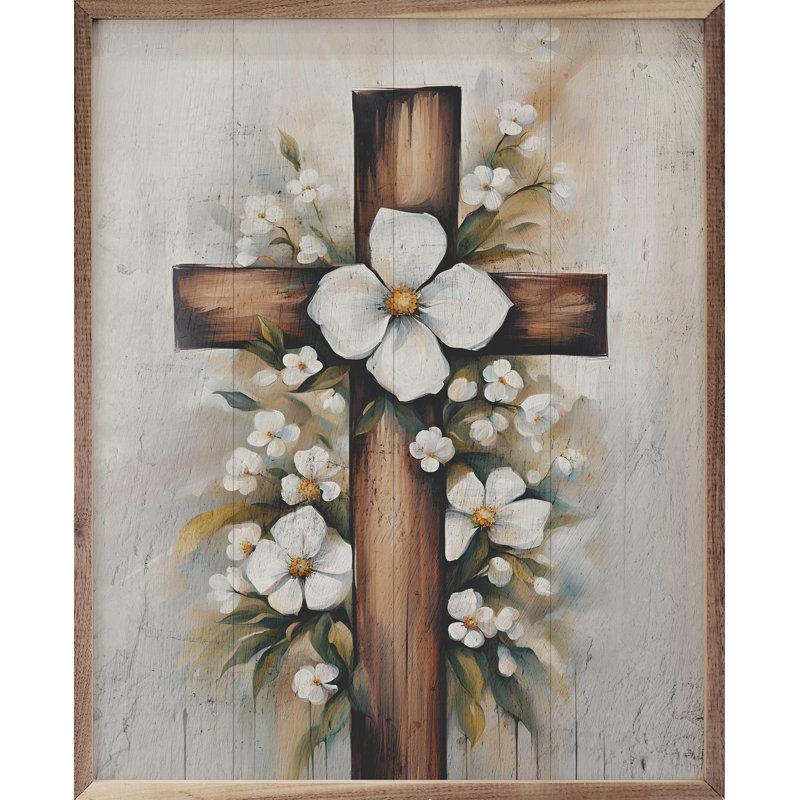 Fleurs derrière une croix blanchie, H 20 po x l 16 po x P 1 po