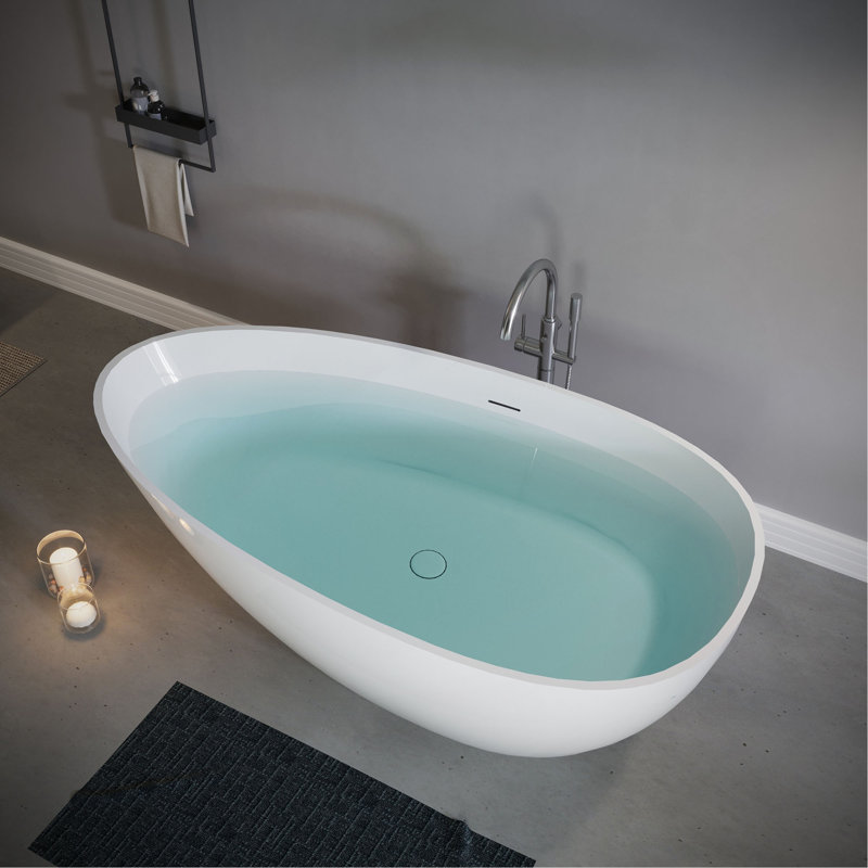 Baignoire autoportante de 59 po à surface solide, baignoire autoportante en résine de pierre avec trop-plein et bonde escamotable