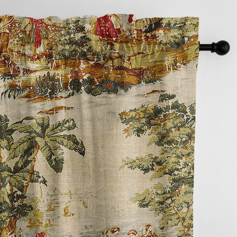 French Countryside Linen Blend Toile Room Darkening Rod Pocket Single Curtain Panel, 50" W x 144" L
