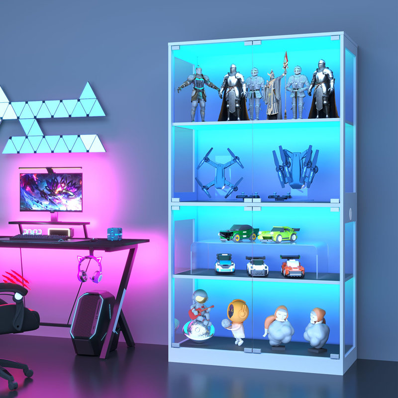 Display Cabinet with Glass Doors, 4 Tier Curio Cabinets with LED Lights & Charging Ports, Glass Display Case with Open Shelf & Human Body Sensor, Storage Showcase for Collectibles, White