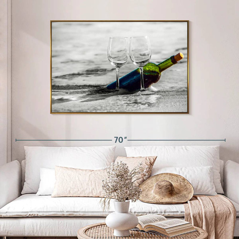 Vin à la plage, 46 po x 31 po, Cadre flottant doré