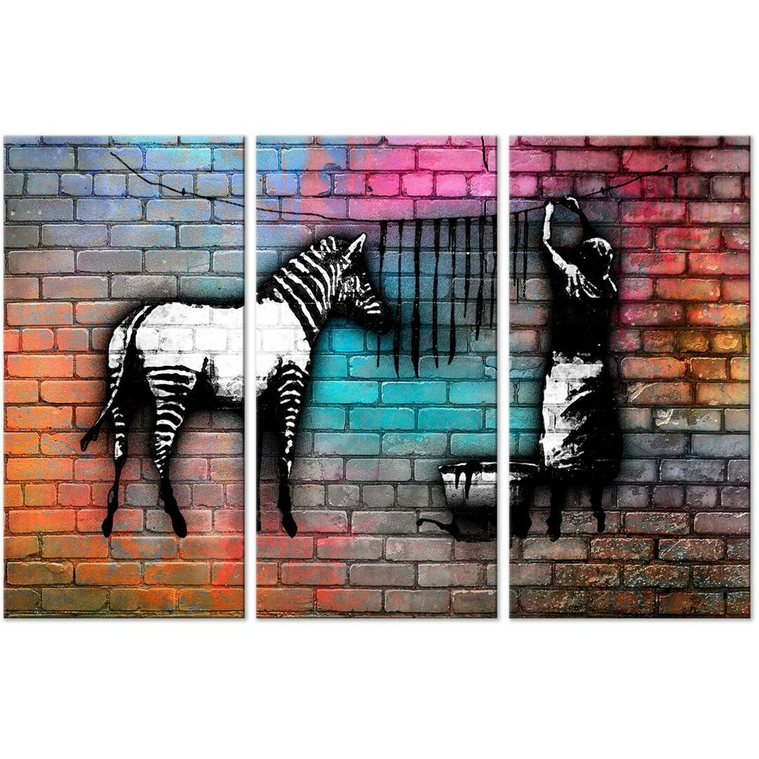 3-tlg. Leinwandbild-Set Ausgewaschenes Zebra vor farbenfrohen Ziegelsteinen