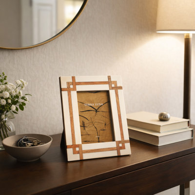 Cadre photo décoratif avec incrustation de bois pour le décor du salon - Cadre photo élégant pour console, table d'entrée ou chambre - ivoire et brun