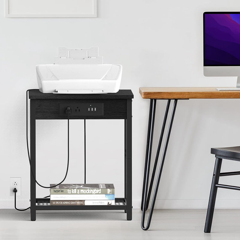 Wellfleet End Table and Built-In Outlets, Black, Black