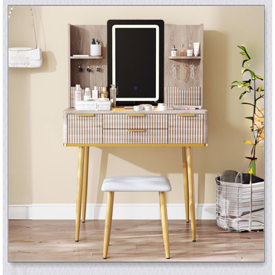 Bureau de coiffeuse à 4 tiroirs avec miroir à DEL et détails sculptés, table de maquillage cannelée avec pieds en métal et tabouret en polyuréthane, coiffeuse sculptée avec rangement pour bijoux pour la chambre à coucher
