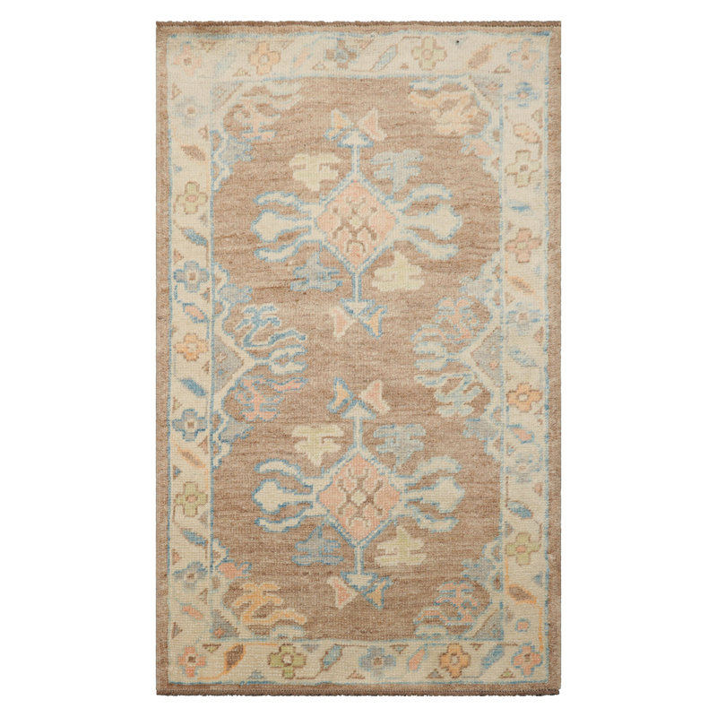 Tapis oriental en laine noué à la main 3 x 5 ivoire Oushak