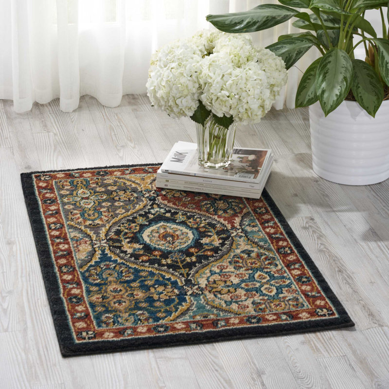 Tapis tissé à la machine Goldshell en bleu sarcelle / rouge / brun, Rectangle 2 pi 6 po x 4 pi 2 po