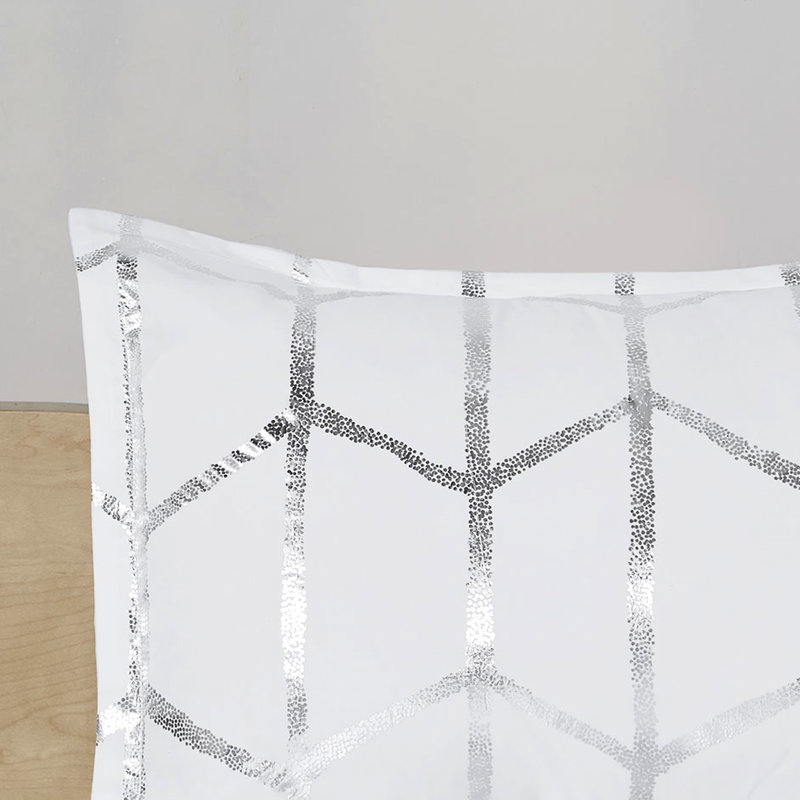 Édredon simple / simple TG - Glamour argent métallique sur blanc, microfibre, 2 taies décoratives, coussins décoratifs, literie lavable à la machine à l'eau froide, tissu doux, rembourrage