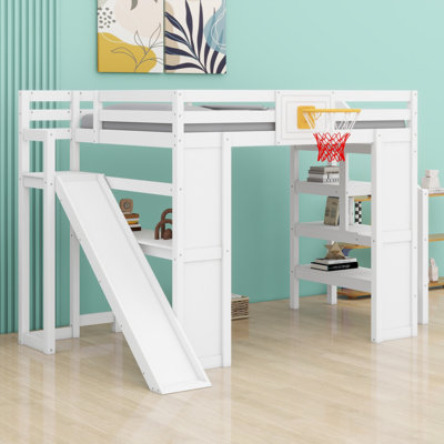 Sturdy Wooden Loft Bed with Safety Staircase, Slide, Study Desk and Basketball Hoop