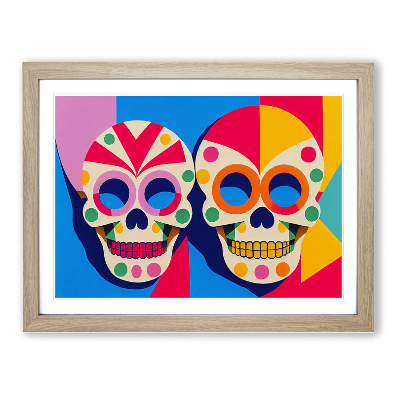 XH1022-9493X Unreal Floral Sugar Skulls Abstract - Single Picture Frame Print, Oak, 46cm H x 64cm W x 2cm D