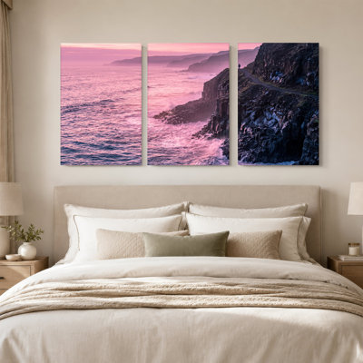 " Pink Sunset Over Rugged Cliffs And Ocean Waves " 3 Piece Art