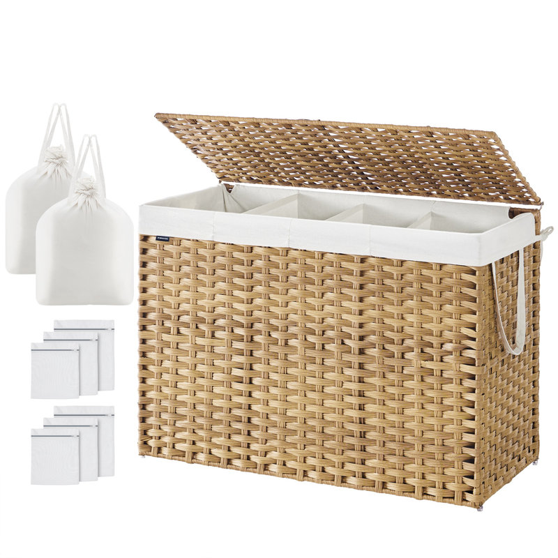 Laundry Hamper With Lid, 200 L Clothes Hamper With 2 Removable Liner Bags, 6 Mesh Bags, Wicker Laundry Basket, Double Laundry Hamper For Bathroom, 33.9 X 15.7 X 24 Inches