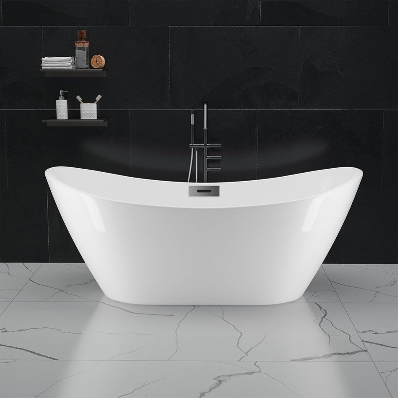 59"/67" Freestanding Bathtub, White Acrylic Soaking Tub with Chrome Drain, cUPC Certified, Glossy White
