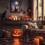  Halloween, décoration murale, lune de sang, chat noir, citrouille, lanterne et chauves-souris-1951820380