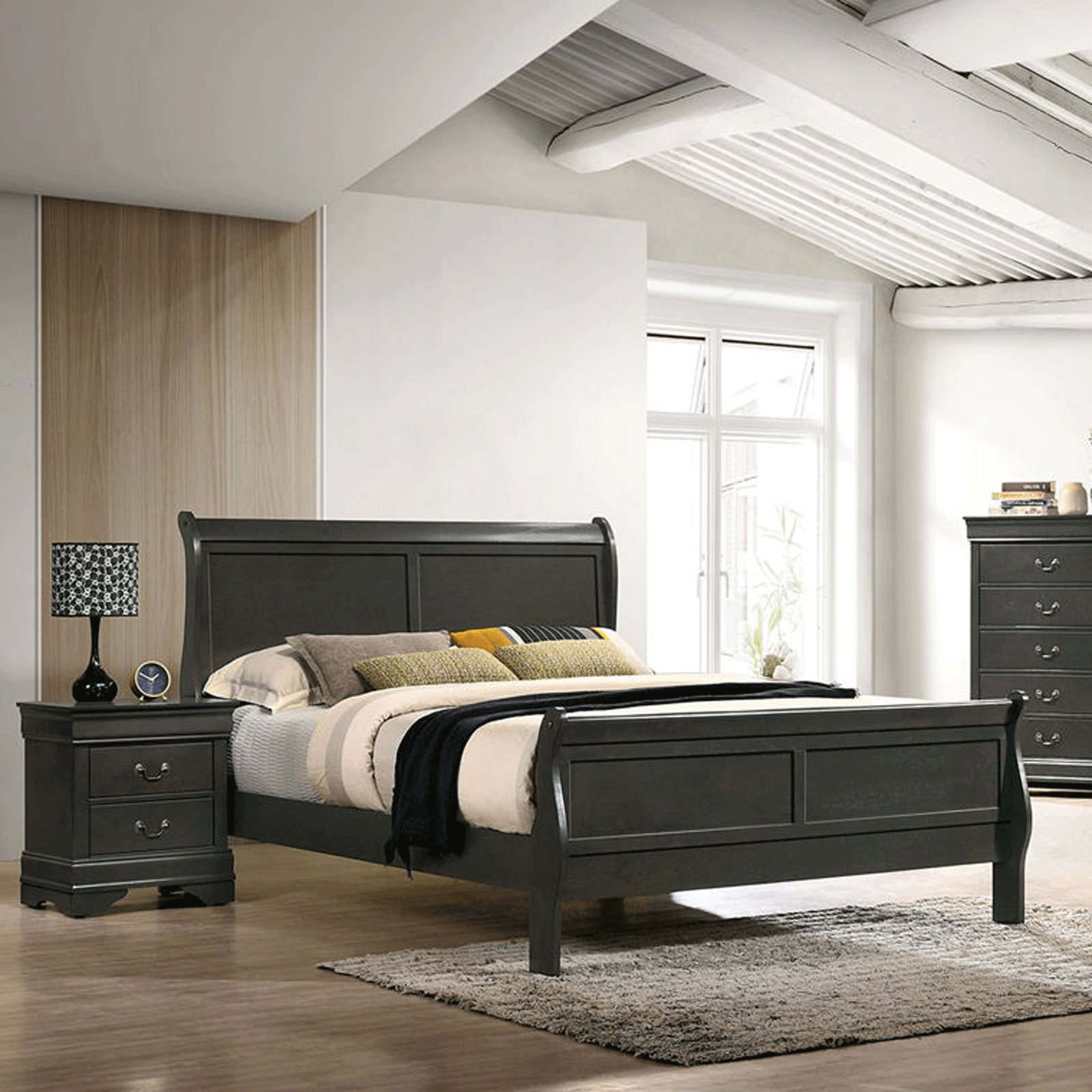 Grey wooden sleigh deals bed