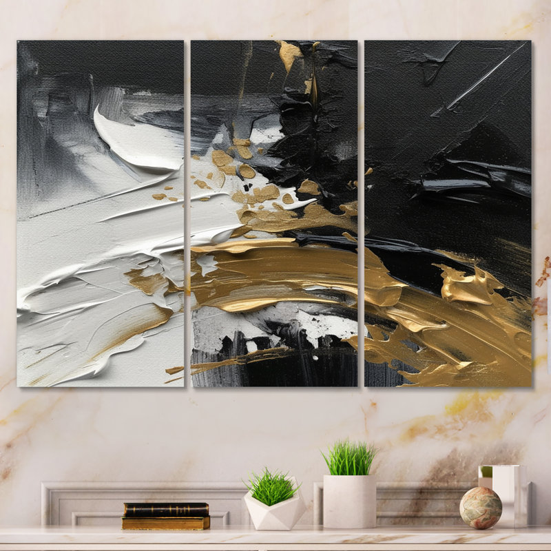 Exquis Darling Gold, vague abstraite sur fond noir I sur toile 3 pièces, H 28 po x l 36 po x P 1 po