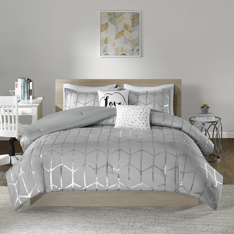 Édredon élégant / double avec tissu carré gris et argent à imprimé tonnerre, Édredon double/grand + 4 pièces additionnelles