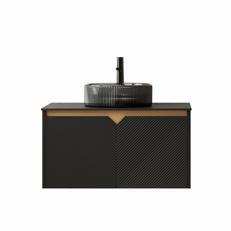 Meuble-lavabo de salle de bain avec lavabo rond en verre, armoire de rangement murale avec portes doubles