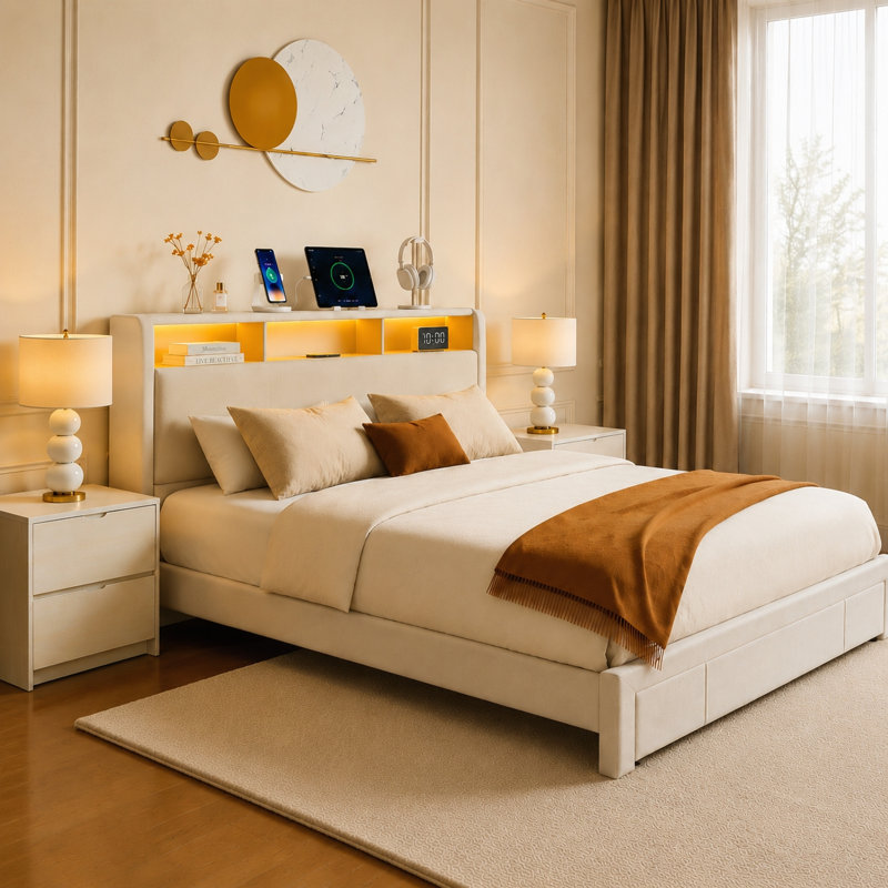 Lit double tapissier pleine grandeur avec tiroirs, charge DEL et USB, conception silencieuse et tête de lit rembourrée confortable pour les chambres à coucher modernes