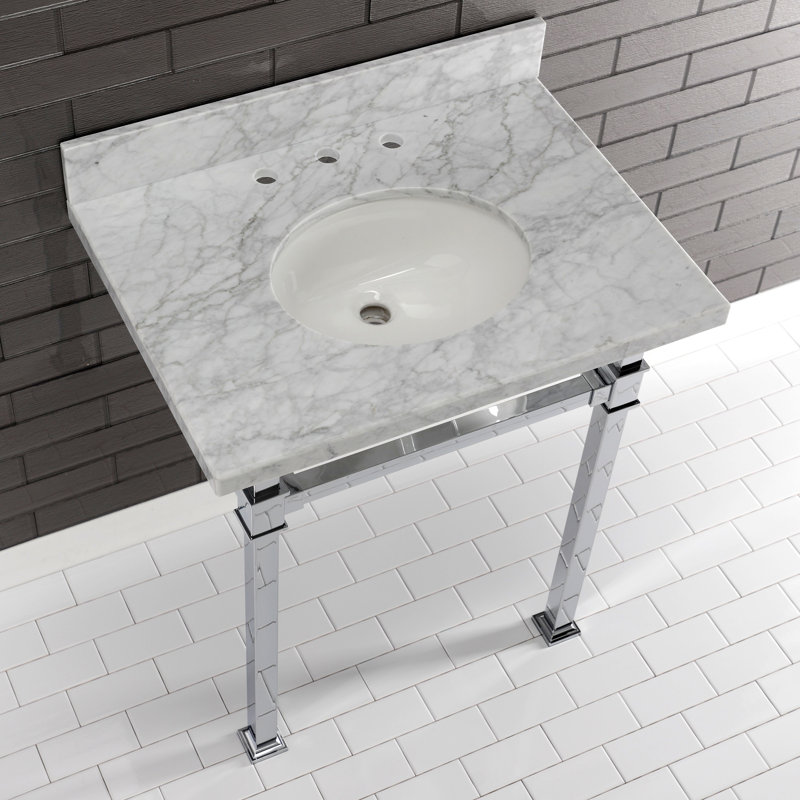 Kingston Brass Monarch 30-Inch Carrara Marble Console Sink with Stainless Steel Legs (8-Inch, 3-Hole)