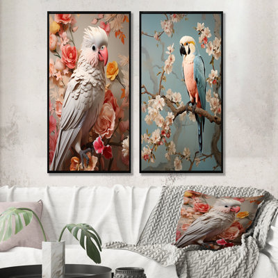Vintage Parrots Floral Paradise I - Parrot Canvas Wall Art Set Of 2