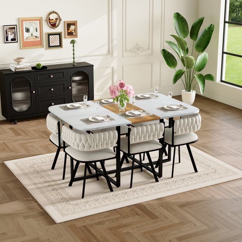 Ensemble de table de salle à manger 7 pièces rectangulaire, plateau de table fixe en faux marbre blanc et grain de bois avec 6 chaises en velours beige, ensemble de table de cuisine moderne pour 6 personnes, idéal pour les petits espaces, appartement