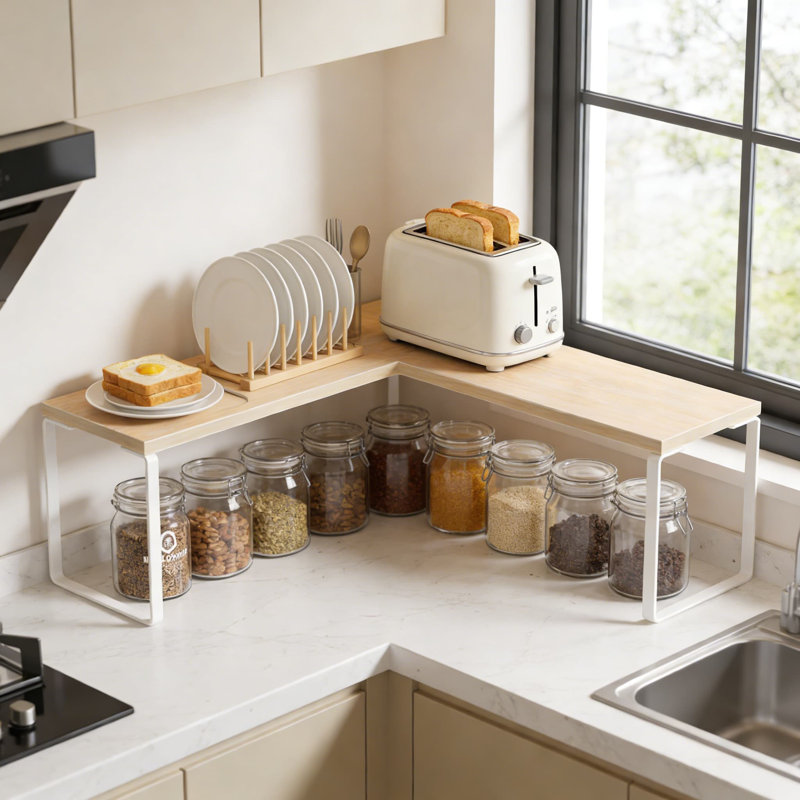 Étagère de coin réglable à 2 niveaux, tablette de comptoir empilable en bambou pour étagère à épices de cuisine, meuble-lavabo, bureau et évier
