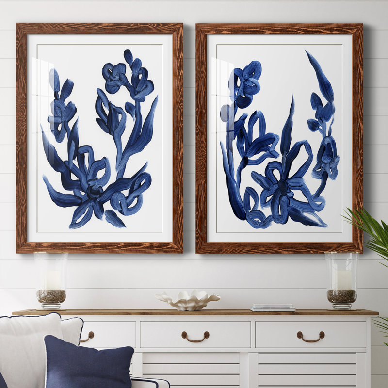 Indigo brossé Blooms I encadré mat - prêt à accrocher, H 37,5 po x l 55 po x P 1,5 po, Cadre en érable