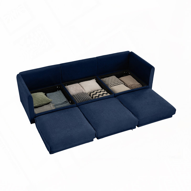Canapé modulaire rembourré avec sièges de rangement, Bleu, H 27,9 po x l 109 po x P 37,4
